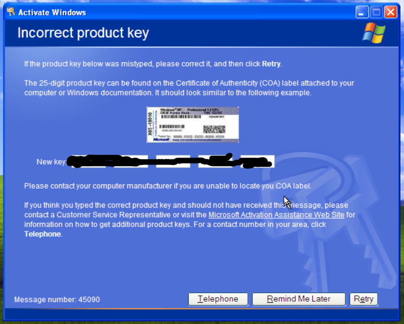 Window xp serial key during installation